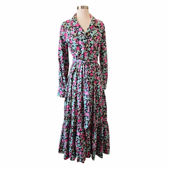 ROLLER RABBIT Shirt Maxi Dress Floral Blue Long Sleeve Cotton Button Down Medium - Picture 1 of 10